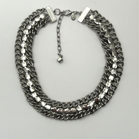 Cookie Lee Silver Tone Double Row Rhinestone Statement Adjustable Necklace - Picture 9 of 10
